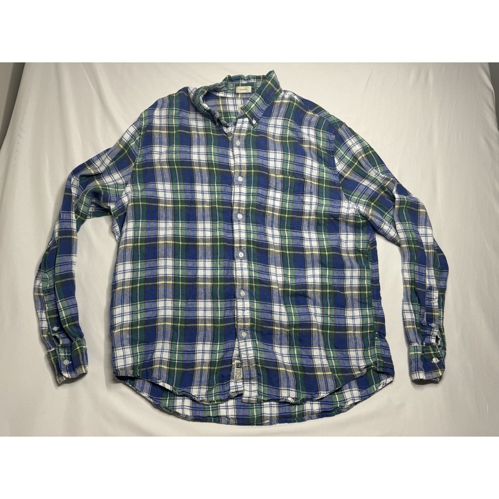 J Crew Shirt XL Baird‎ McNutt 100% Irish Linen Blue Plaid Classic Fit Size XL